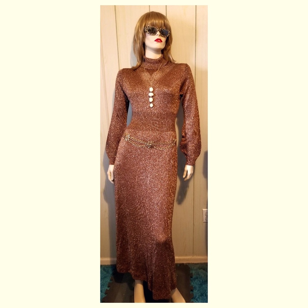 VTG 70s Wenjilli Hong Kong Bronze Glitter Metallic Lurex Knit Bodycon Maxi Dress